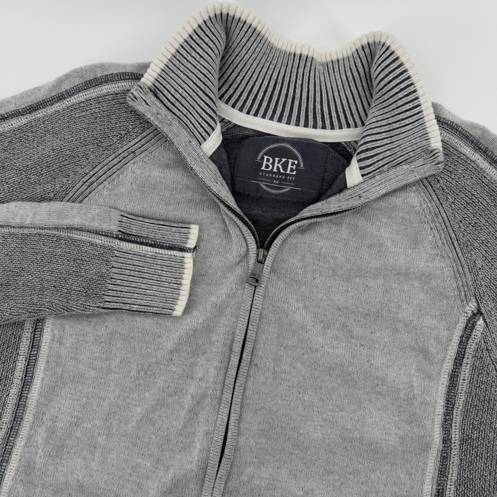 BKE Mens Grey Full Zip Ribbed Mock Neck Knit Sweater Jacket Standard Fit Medium‎
